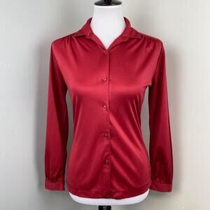 Vintage 70s Red Polyester Button Down Blouse Small